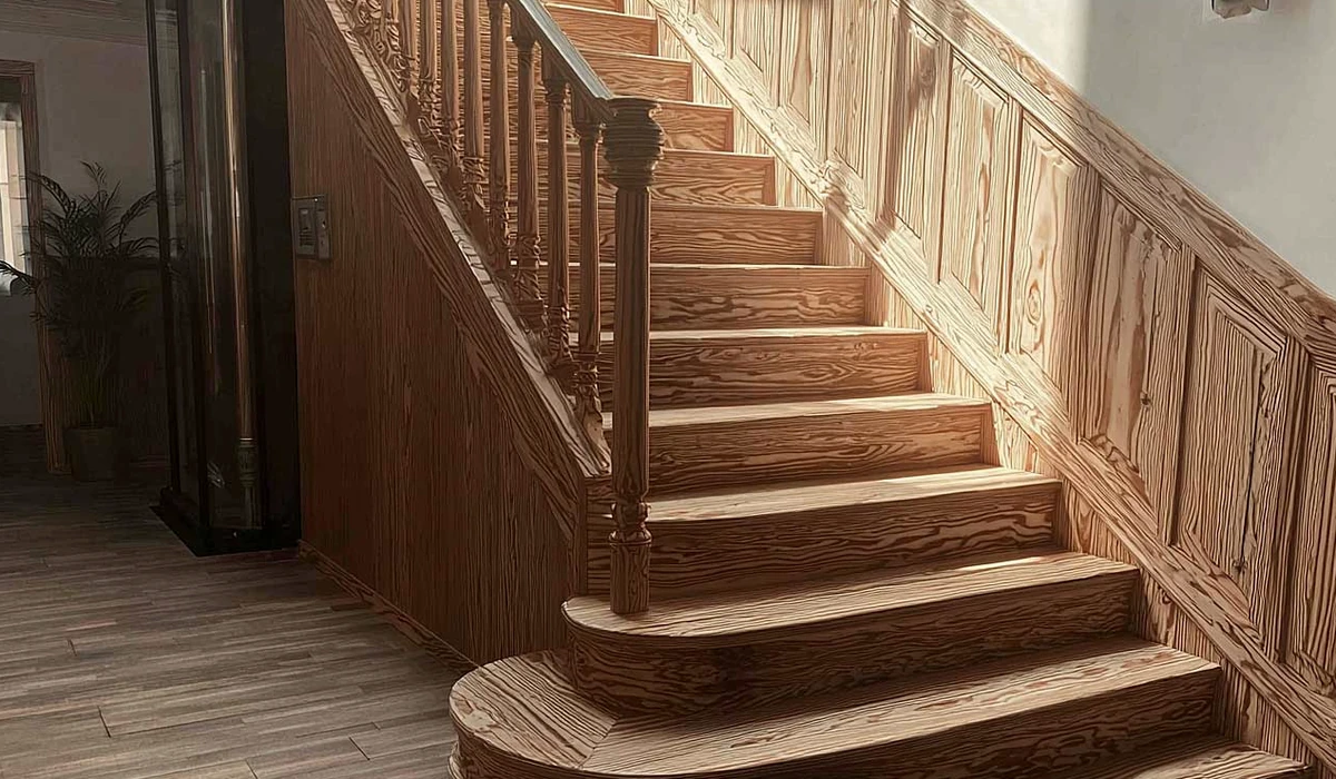 Illustration d’un escalier et de boiseries laissés visibles