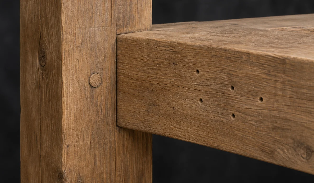 Illustration de cinq petits trous sur une poutre près d’un assemblage chevillé avec un poteau intact
