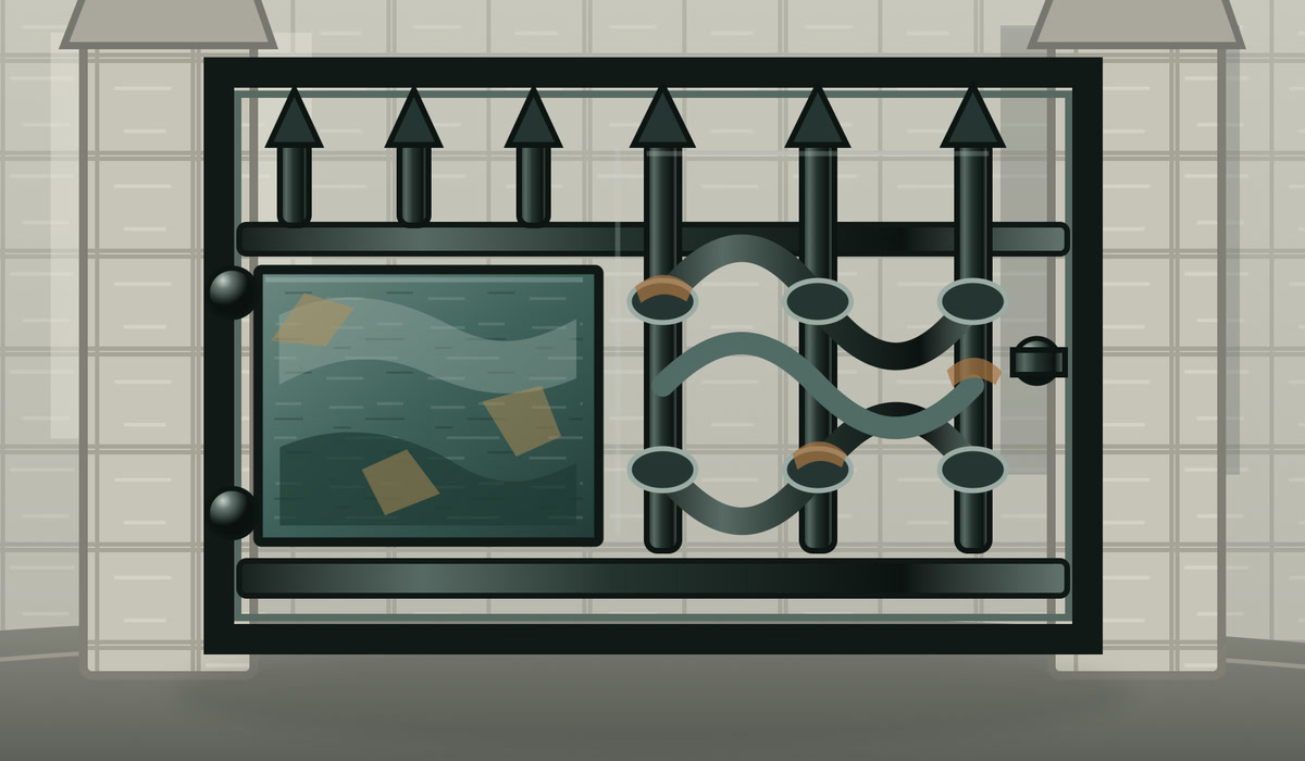 Illustration d’un ouvrage métallique peint réunissant panneau lisse, barreaux, volutes et assemblages