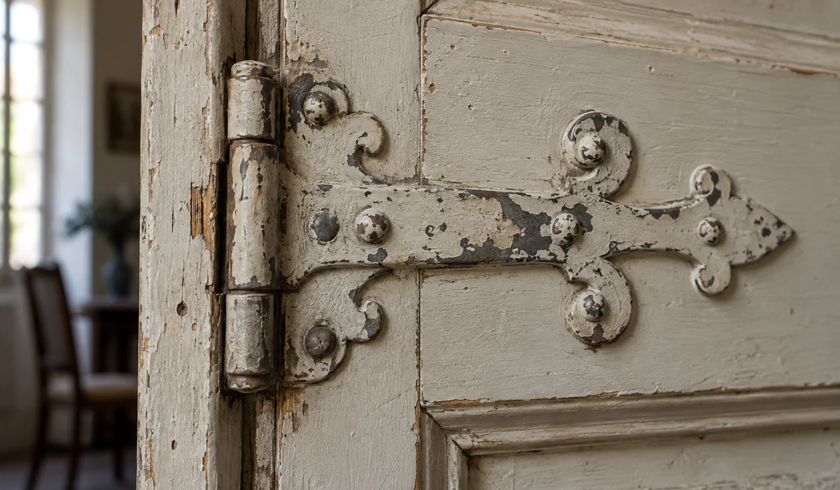 Ferrure ancienne peinte fixée sur une porte en bois avant choix du décapage