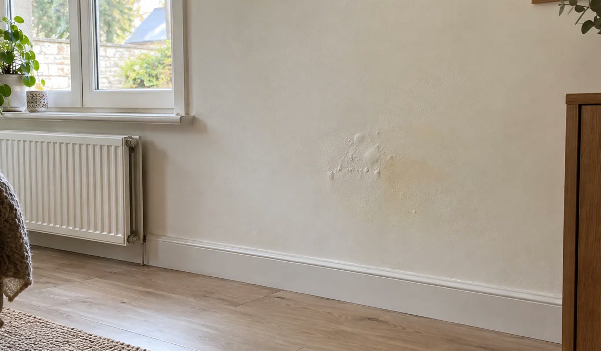 Peinture cloquée au milieu d’un mur intérieur près d’une fenêtre et d’un radiateur