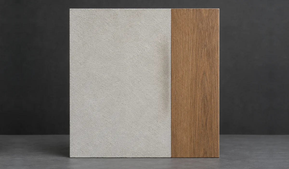 Illustration d’une marque gris-beige bornée sur un enduit au raccord avec une bande de bois intacte