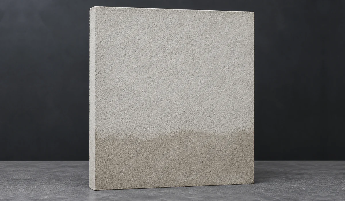 Illustration d’un panneau d’enduit minéral avec une bande gris-beige plus foncée dans sa partie basse