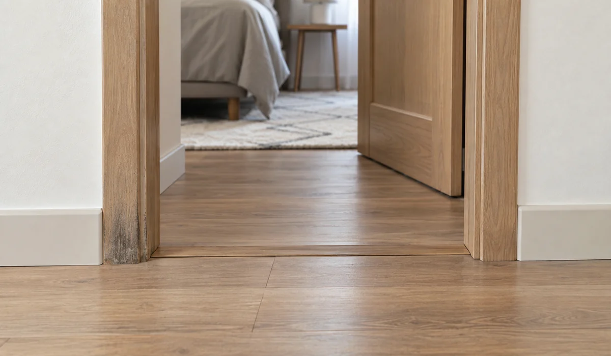 Illustration des deux pieds d’une huisserie intérieure avec une marque brun-gris localisée sur le montant gauche