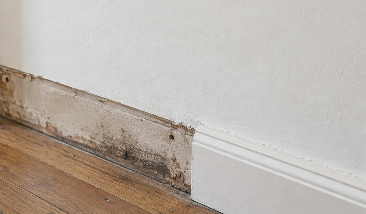 Illustration d’une bande sombre rendue visible au bord d’un parquet après dépose d’une plinthe