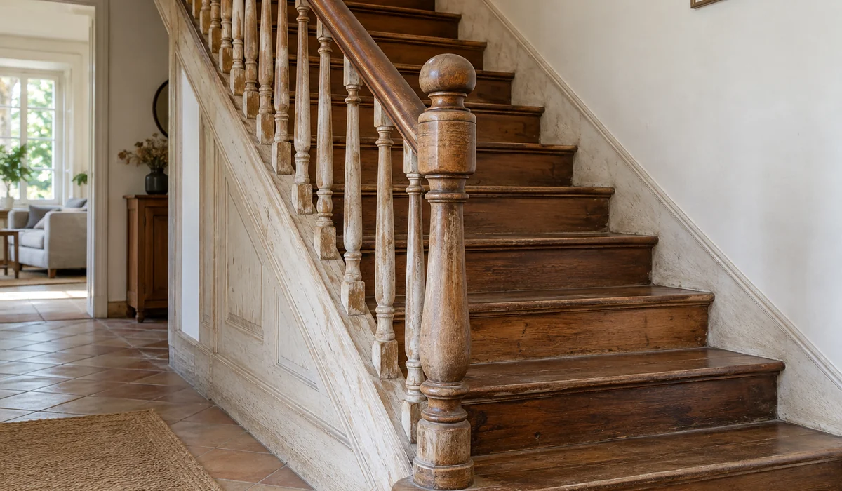 Illustration d’un escalier ancien avec plusieurs finitions existantes avant remise à nu