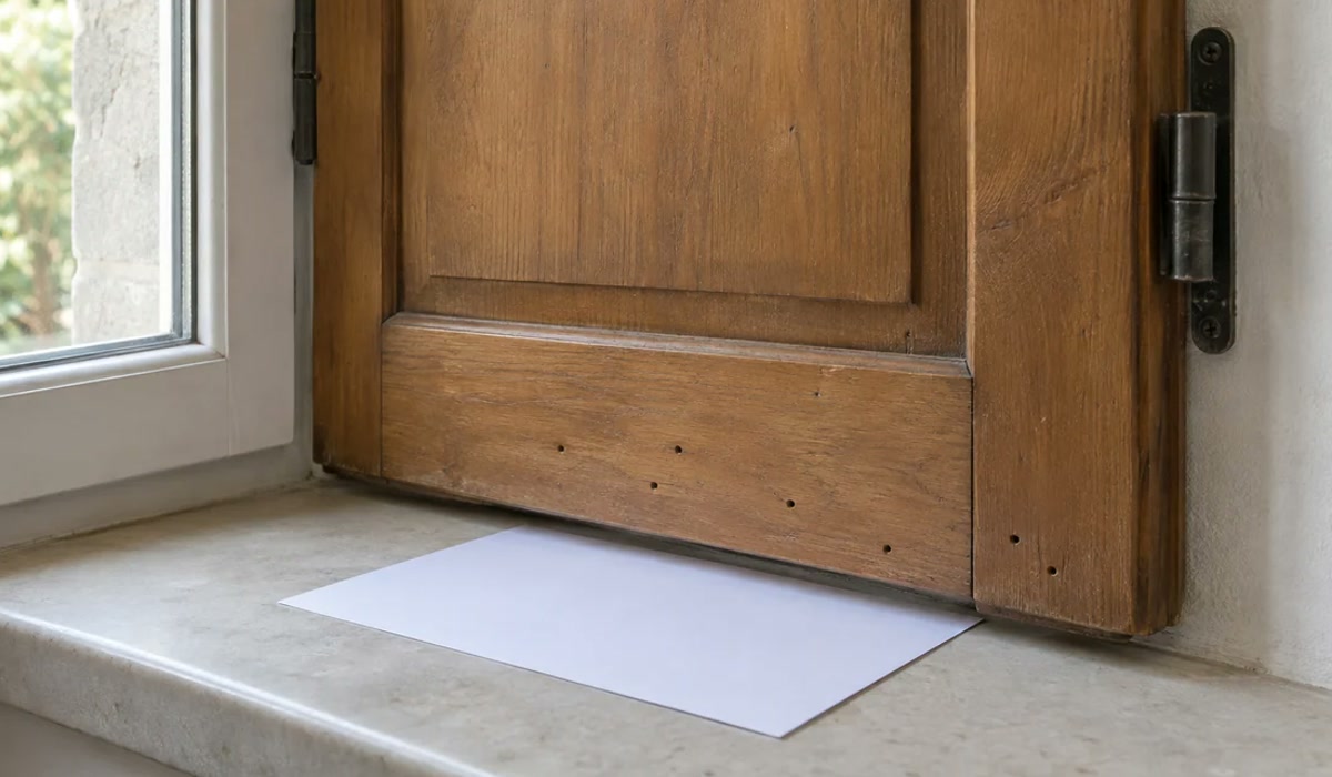 Petits trous visibles sur le bas d’un volet intérieur en bois