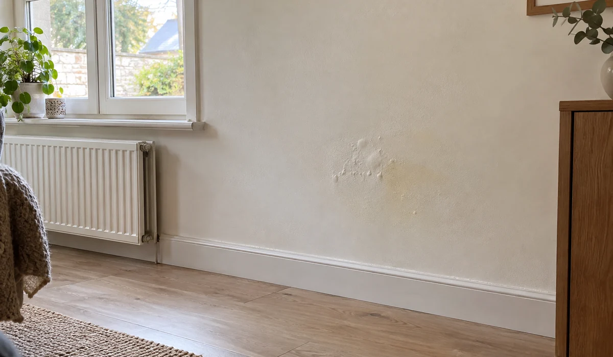 Illustration d’un mur intérieur clair où un cloquage discret réapparaît près d’une fenêtre