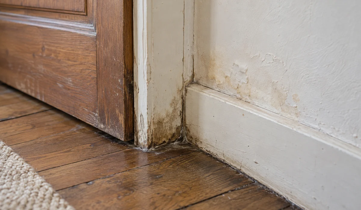 Illustration d’une jonction entre huisserie, plinthe, mur et parquet présentant des traces à vérifier