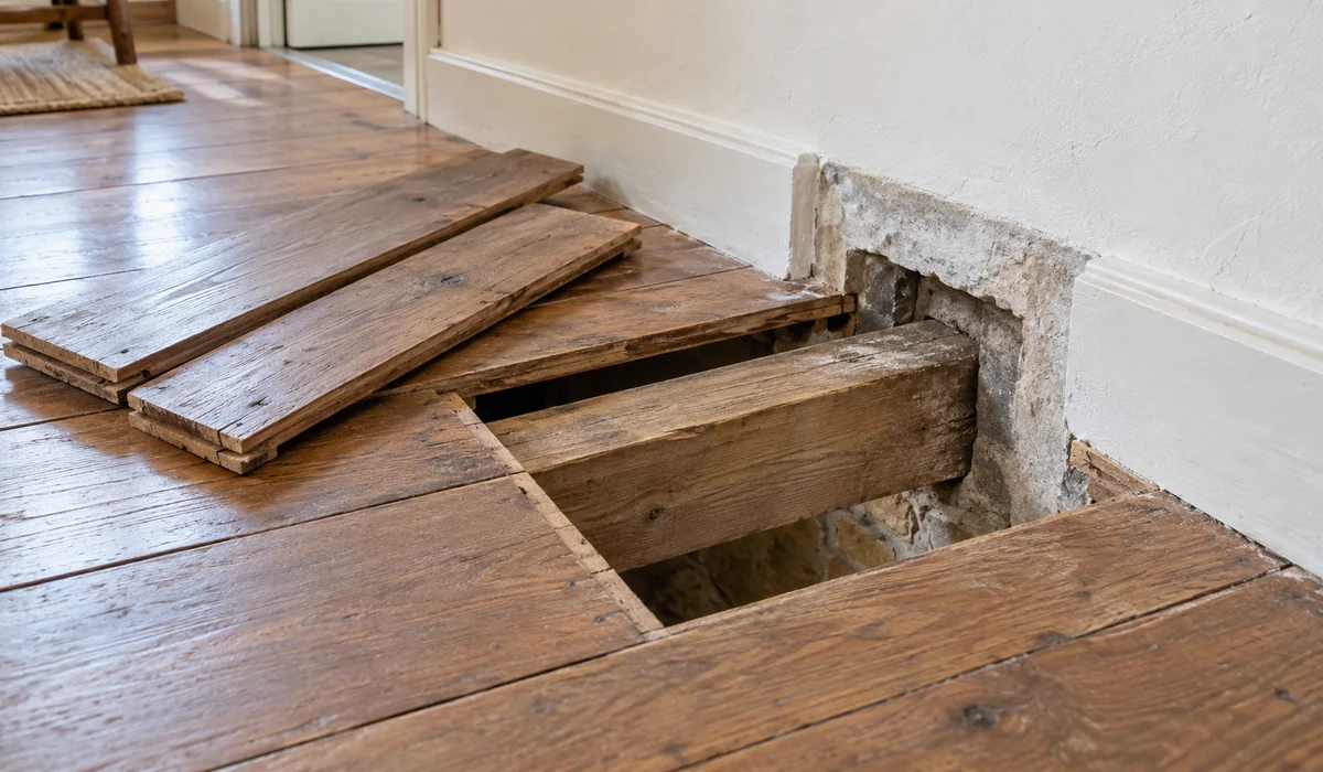 Illustration d’un plancher ouvert donnant accès à une solive intacte contre une maçonnerie avant fermeture